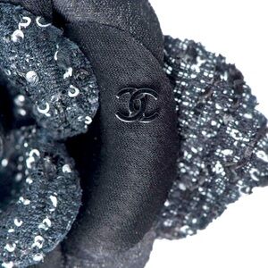 Chanel Black and White Tweed Camelia Brooch